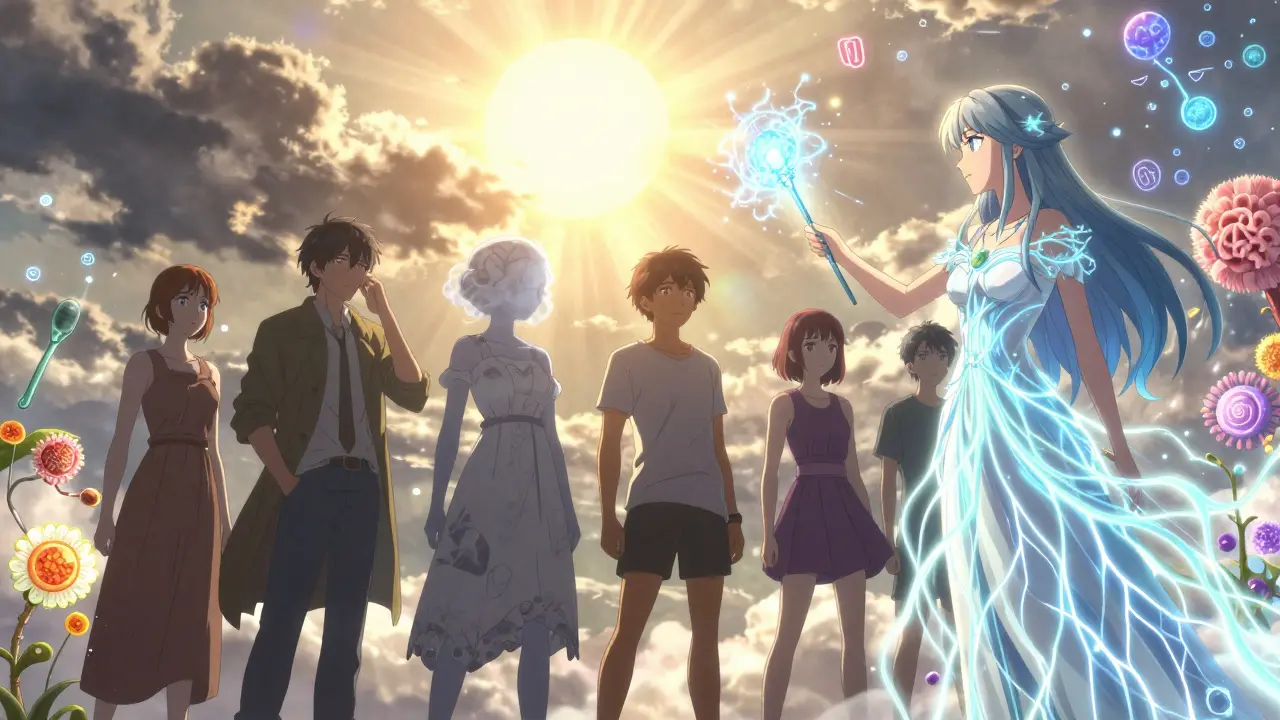 People with MS surrounded by personalized energy auras as a healer restores their nerve function.