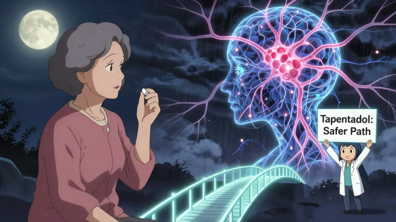 Split scene showing an elderly woman taking tramadol while her inner nervous system erupts in serotonin storm.