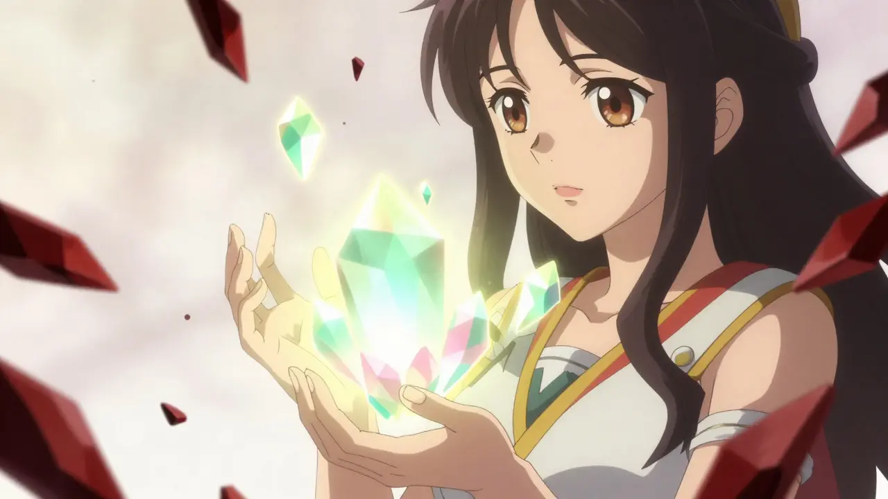 Anime character summoning healing gems to repel dark jagged shards