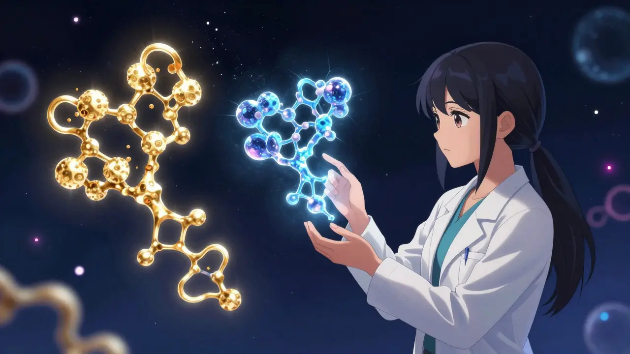 Anime pharmacist girl comparing two iridescent glowing protein structures.