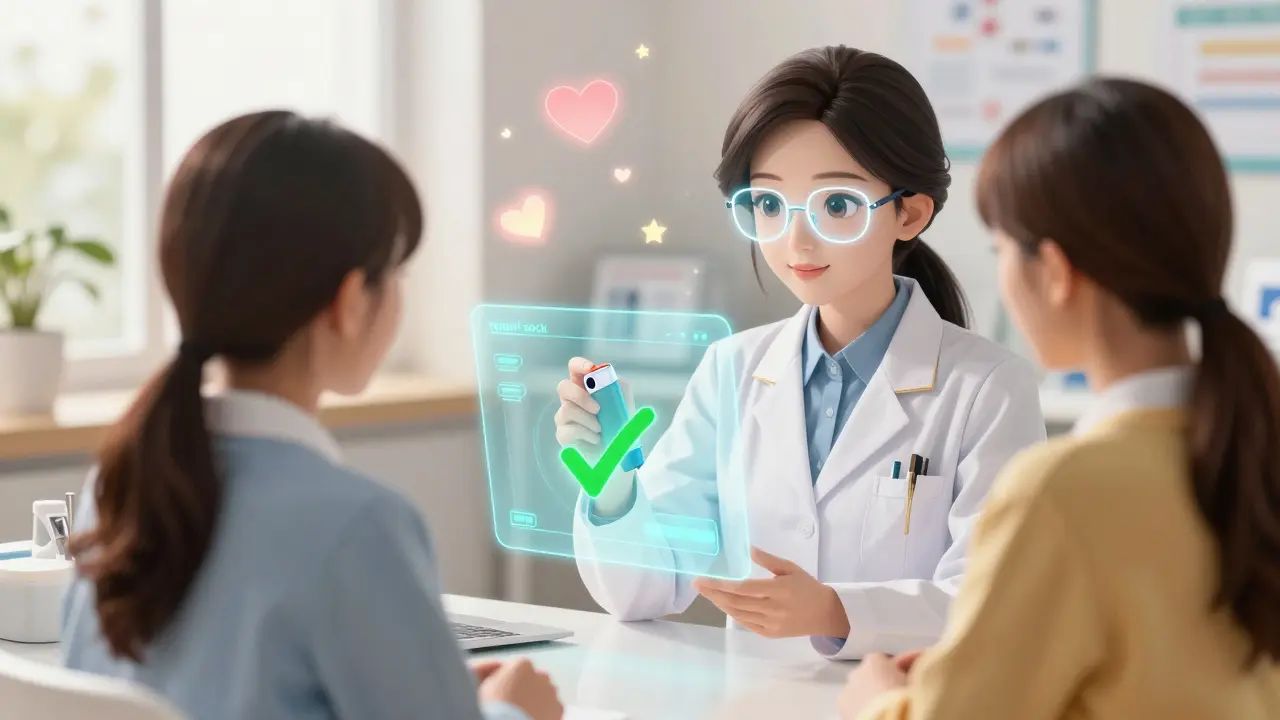 Anime pharmacist teaching a patient how to use an inhaler with holographic guides.