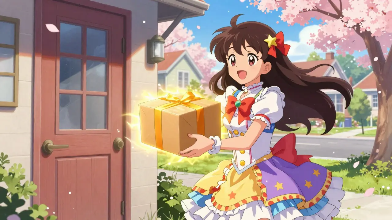 Magical girl happily receiving a glowing medication package at her front door
