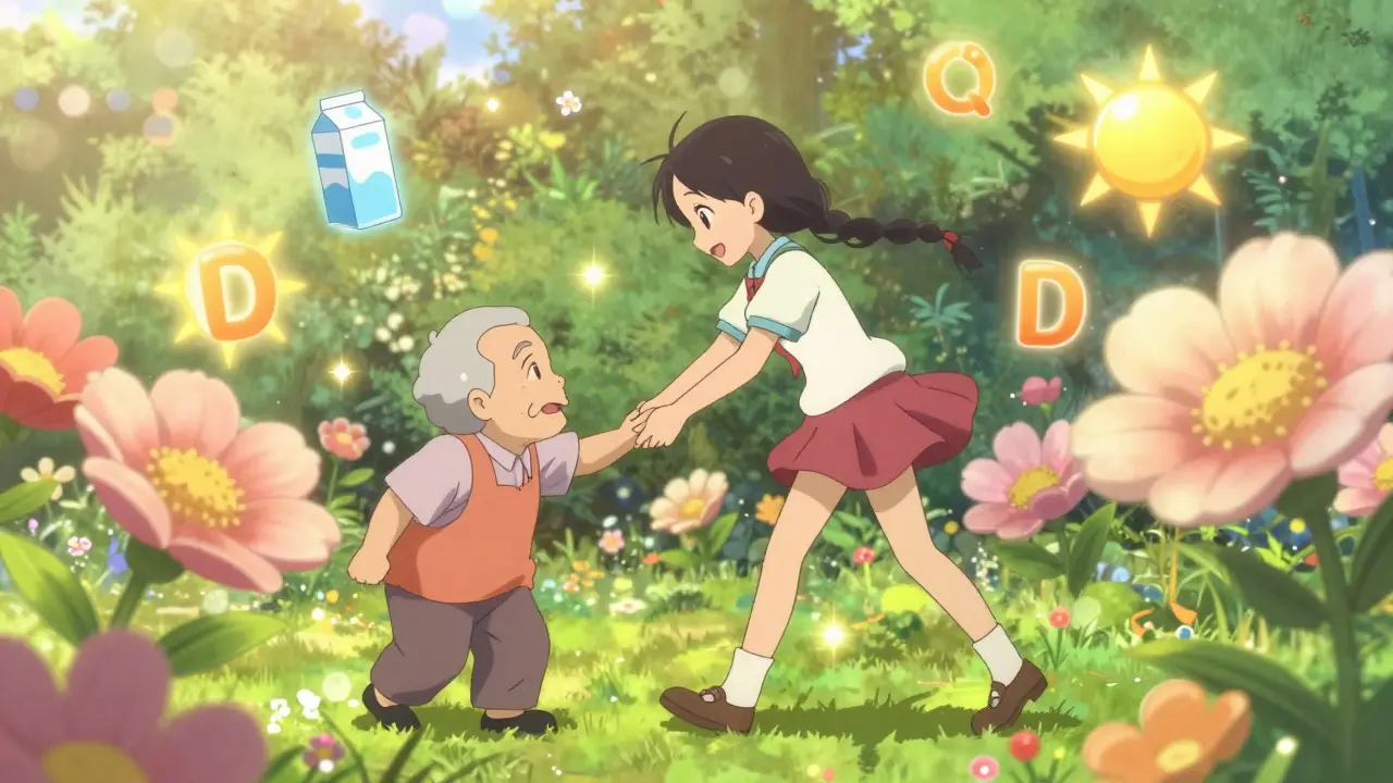 Magical girl helping an elderly person walk in a sunny garden with floating nutrient icons