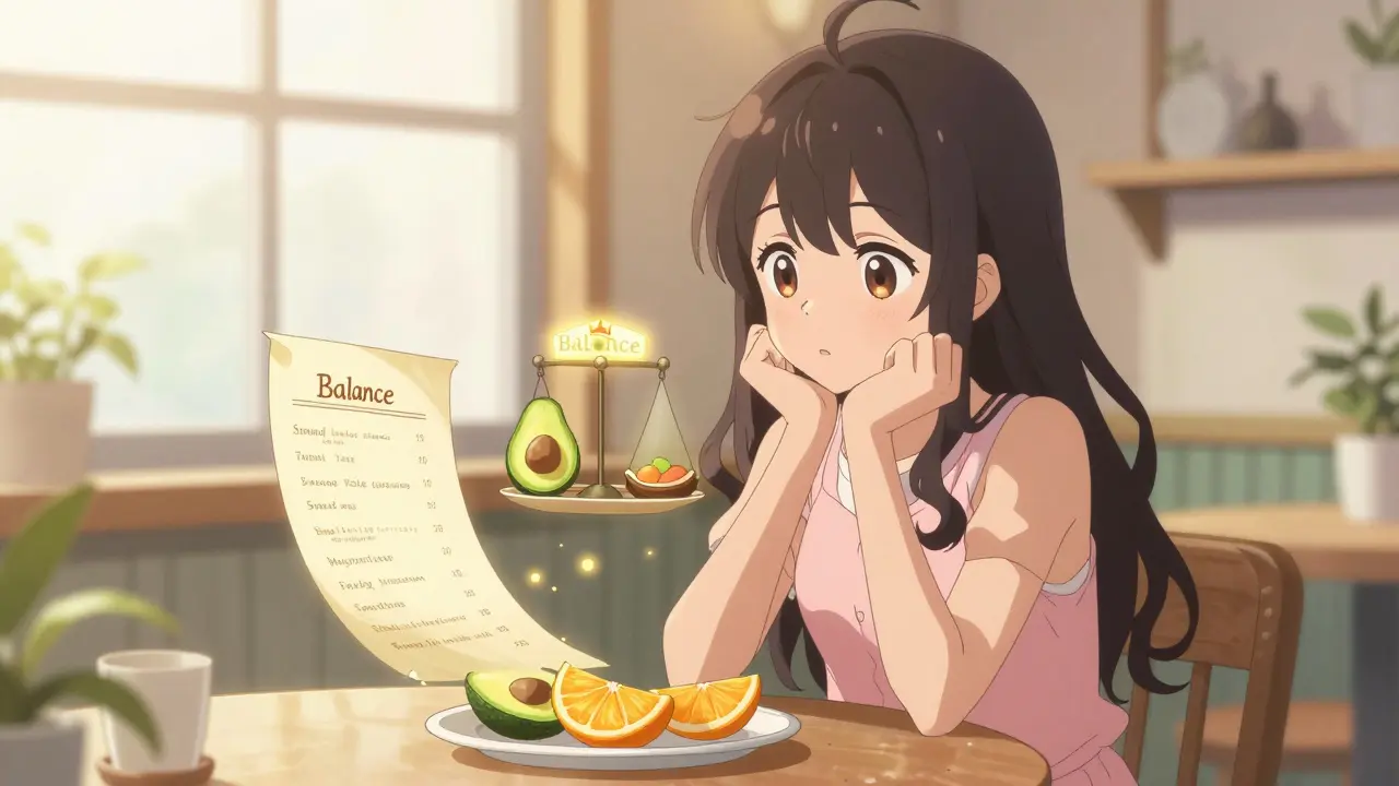 Magical girl mindfully balancing high-potassium foods at a whimsical cafe table.