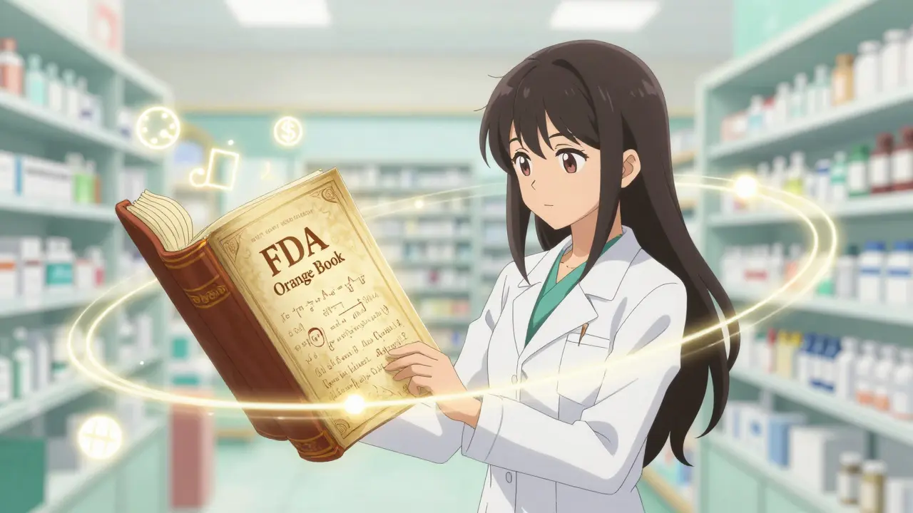 Magical girl pharmacist studying a glowing floating book of drug regulations.