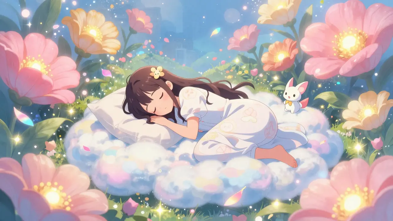 Magical girl resting peacefully in a glowing celestial garden