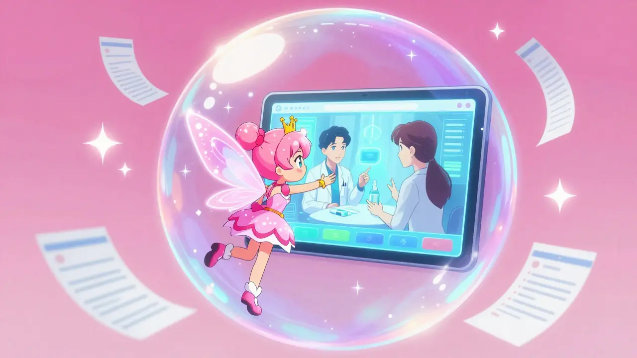 Magical girl using a holographic telehealth interface with a cute fairy mascot