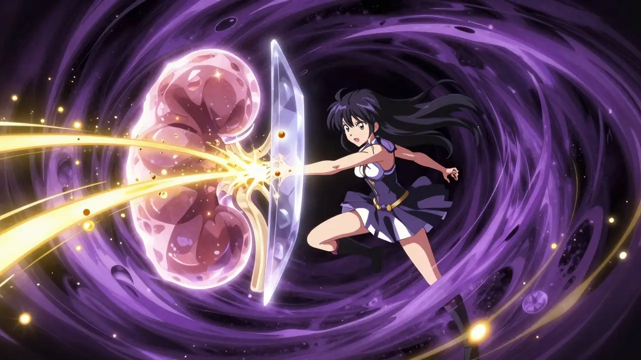 Magical girl using a shield to block glowing potassium particles from a crystal kidney.