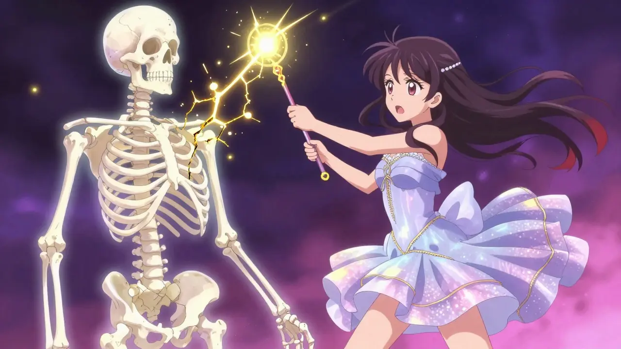 Magical girl using a wand to repair golden cracks in a glowing skeletal structure