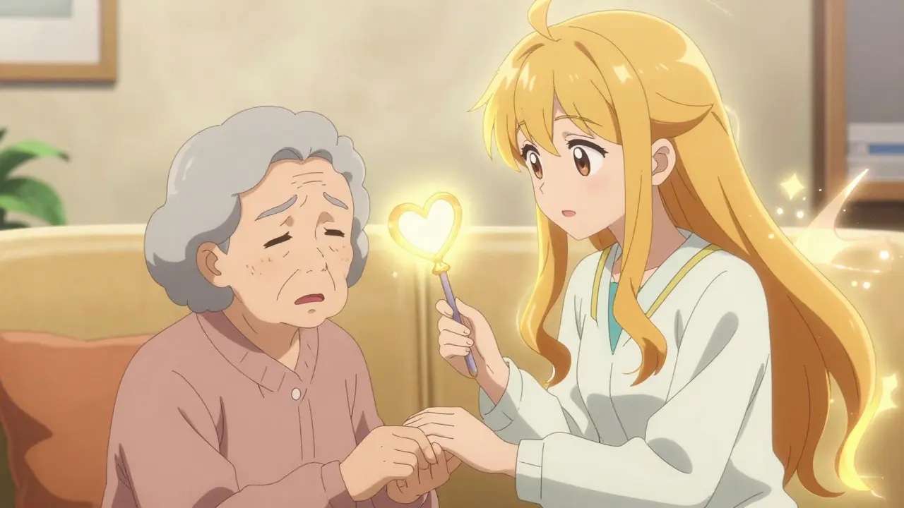 Magical guardian casting a warm golden glow of support for an elderly person