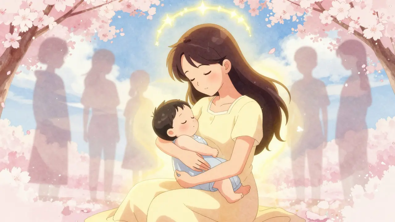 Mother and baby surrounded by warm golden protective aura in soft light