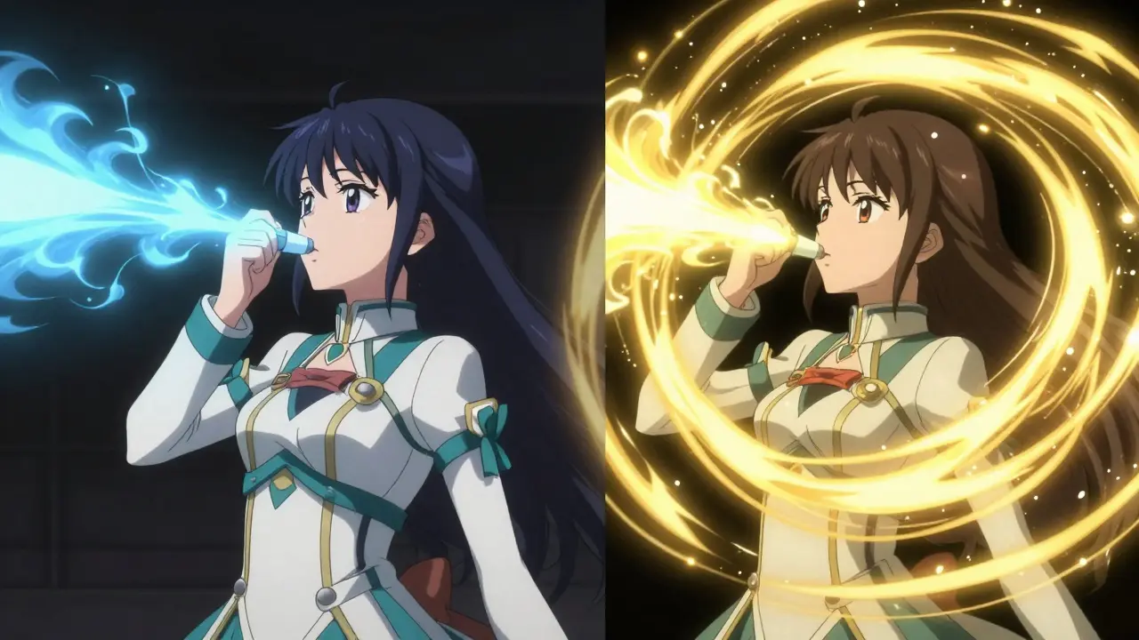 Split-screen anime illustration showing two different inhalation techniques with wind auras.